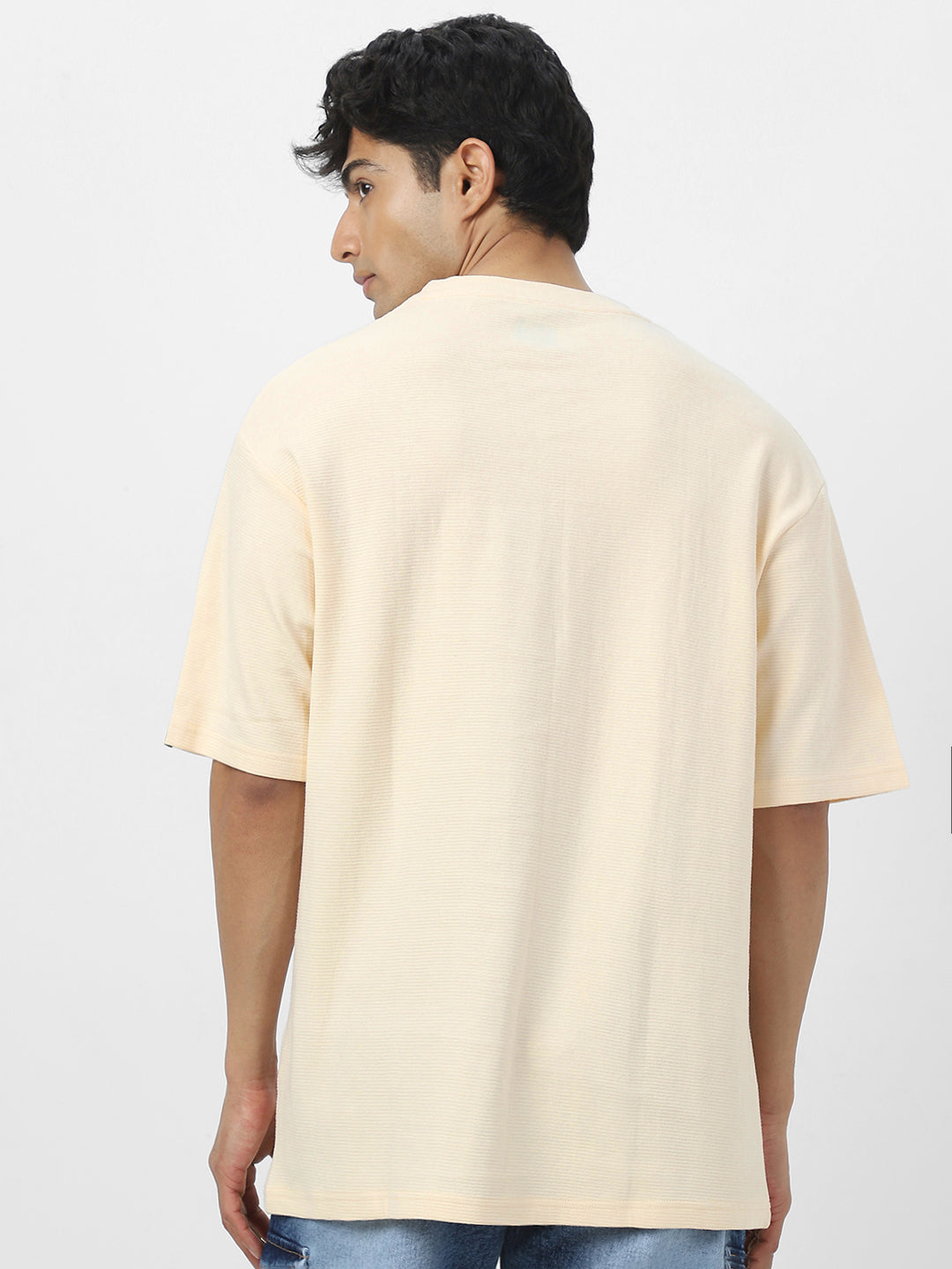 Men's Cloud Cream Textured Round Neck Oversized Half Sleeve Cotton T-Shirt