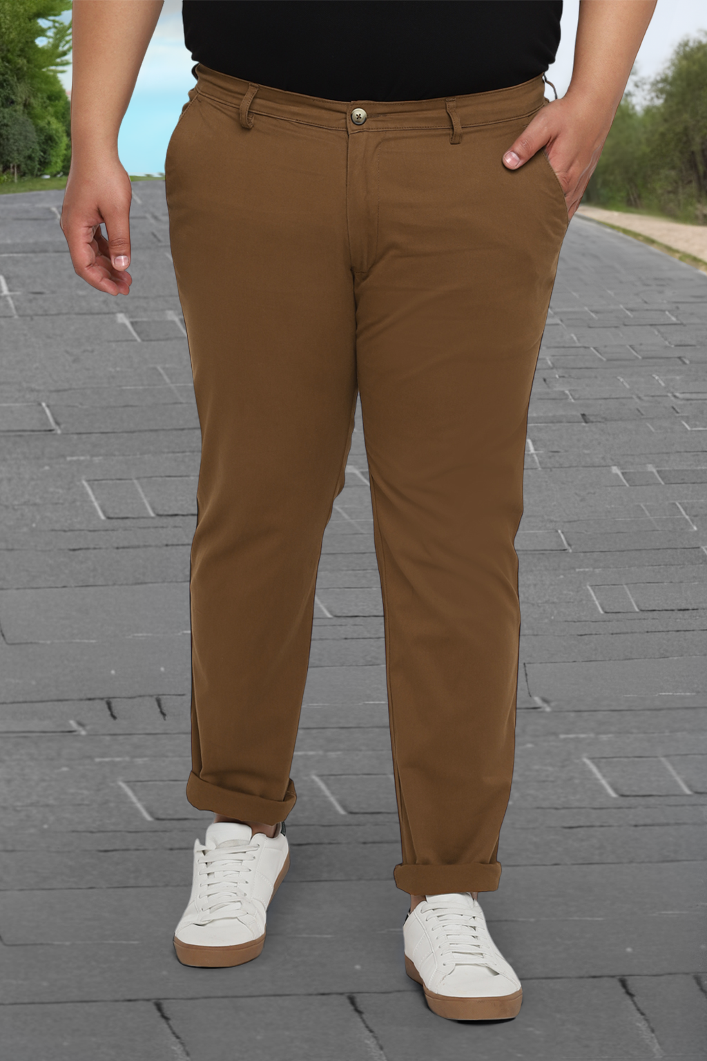 Plus Men's Brown Cotton Regular Fit Casual Chino Pants Stretch