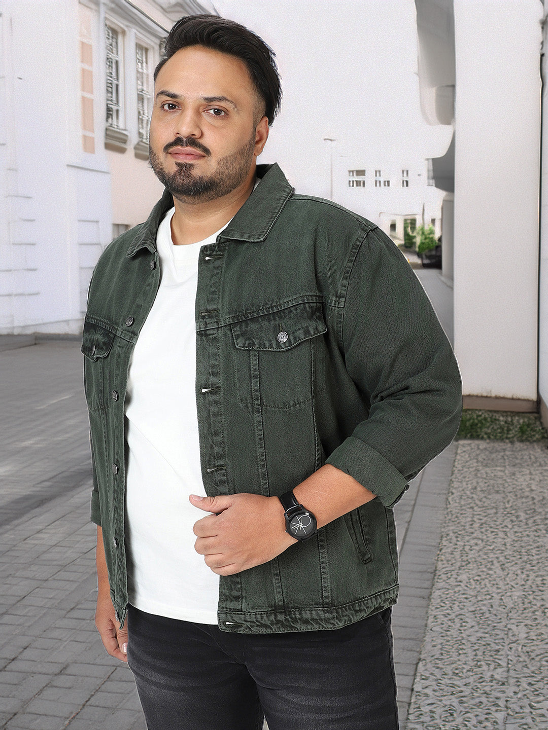 Plus Men's Olive Green Regular Fit Washed Full Sleeve Denim Jacket