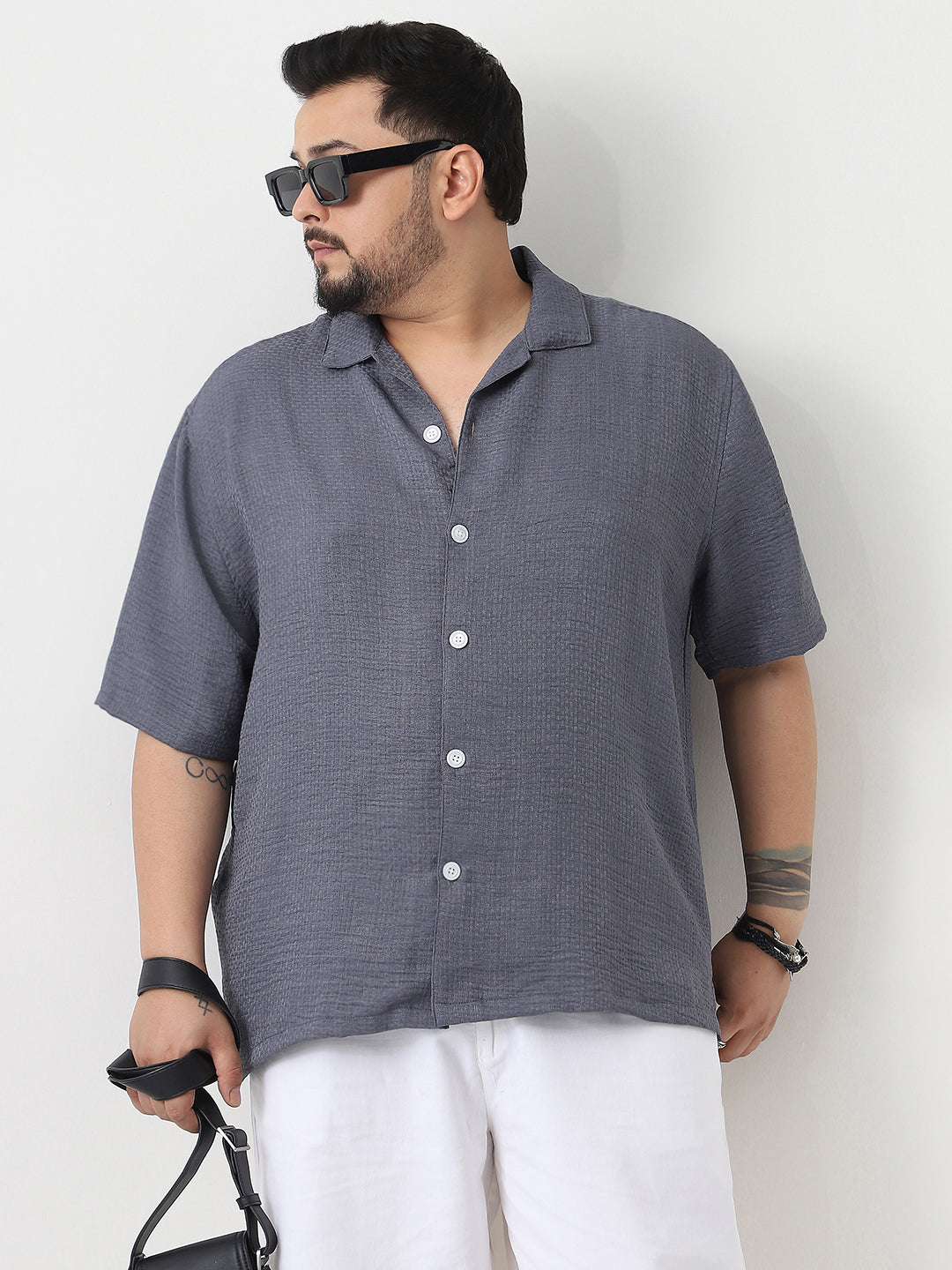 Plus Men's Slate Blue Cotton Half Sleeve Oversized Fit Textured Shirt with Cuban Collar