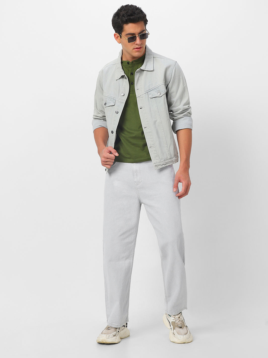 Men's Light Grey Loose Fit Washed Jeans Non-Stretchable