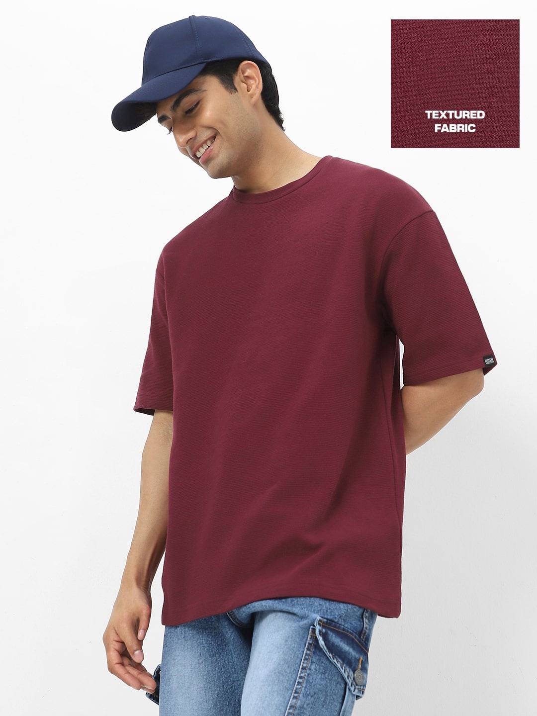 Men's Plum Textured Round Neck Oversized Half Sleeve Cotton T-Shirt
