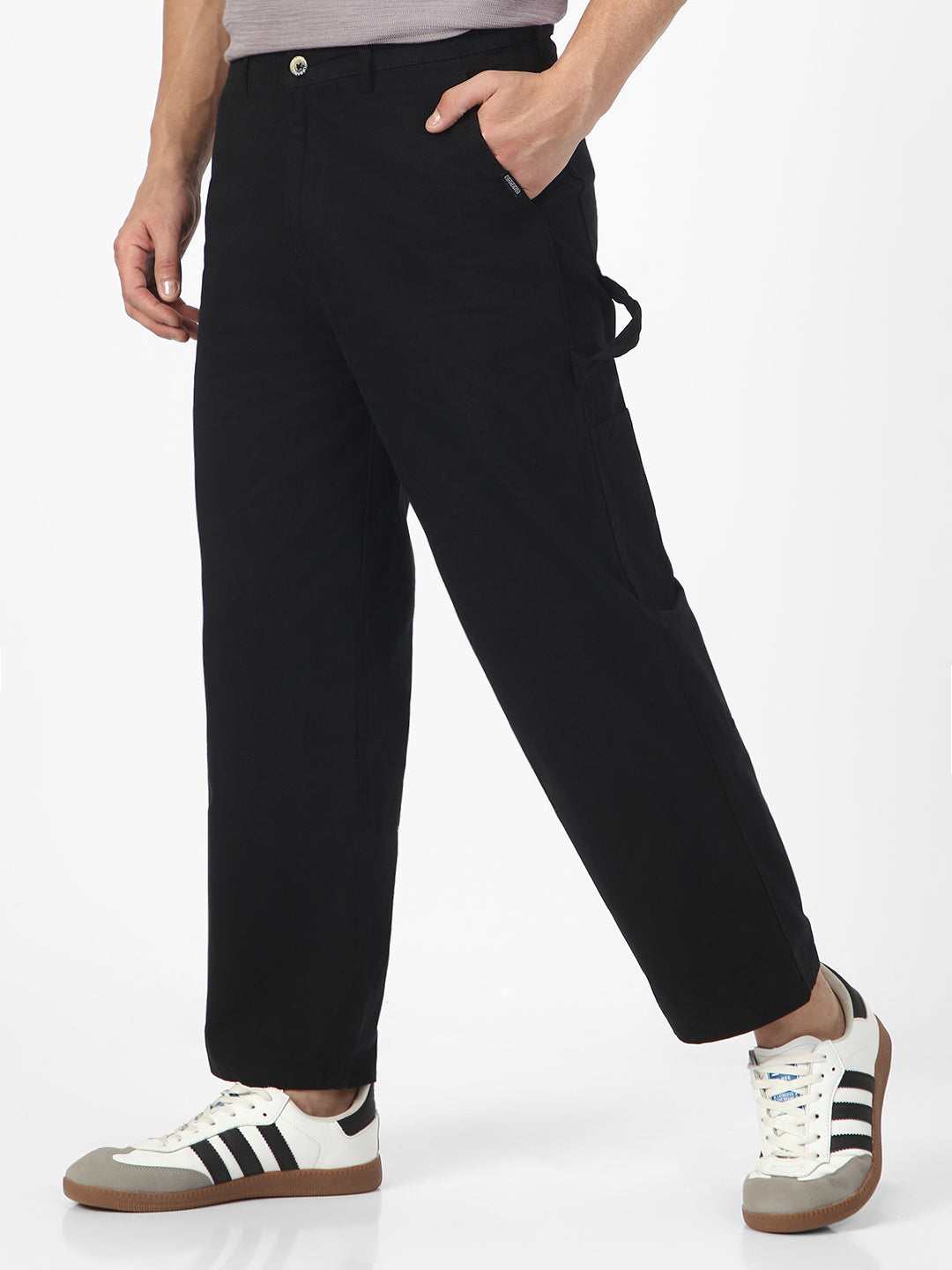 Men's Black Loose Baggy Fit Solid Carpenter Trouser Pant with 5 Pockets Non-Stretchable