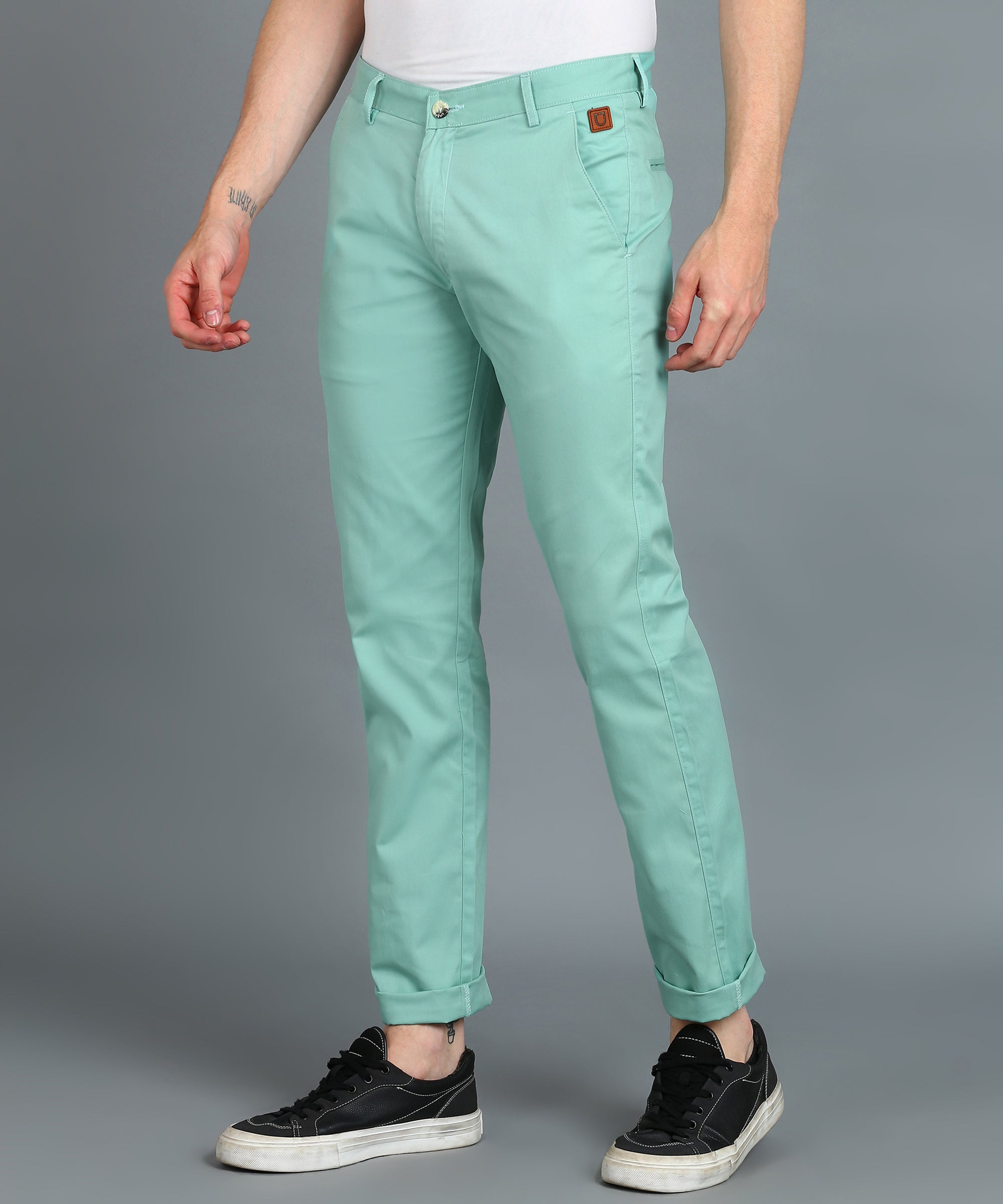 Men's Green Cotton Slim Fit Casual Chinos Trousers