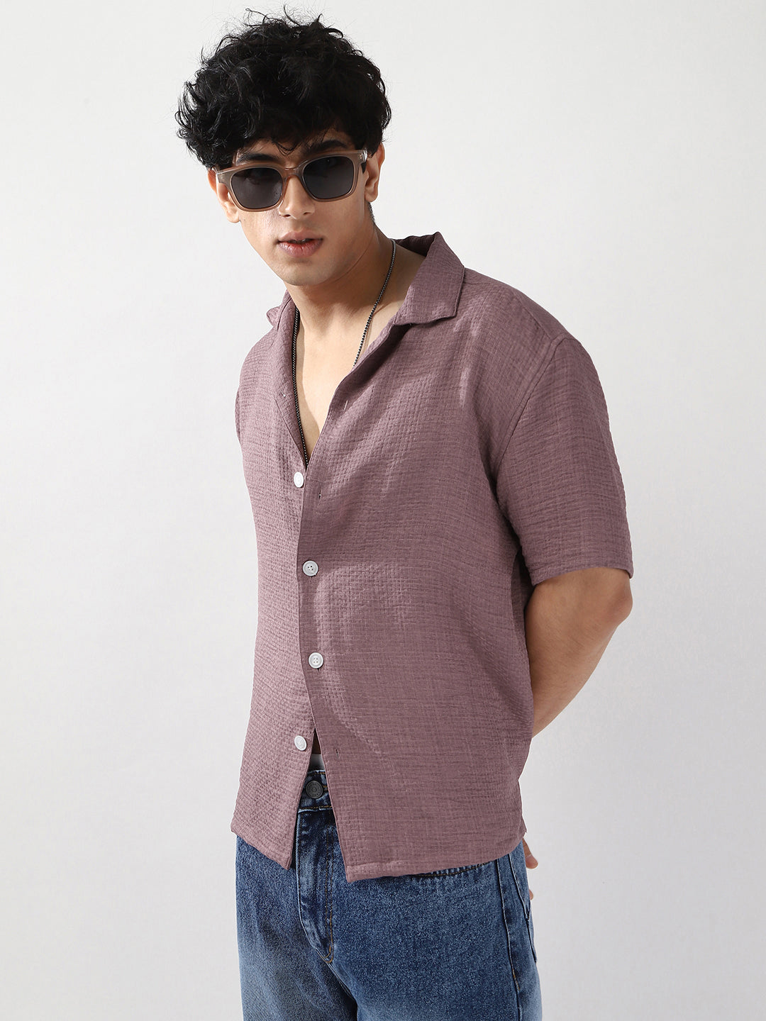 Men's Purple Cotton Half Sleeve Oversized Fit Textured Shirt with Cuban Collar