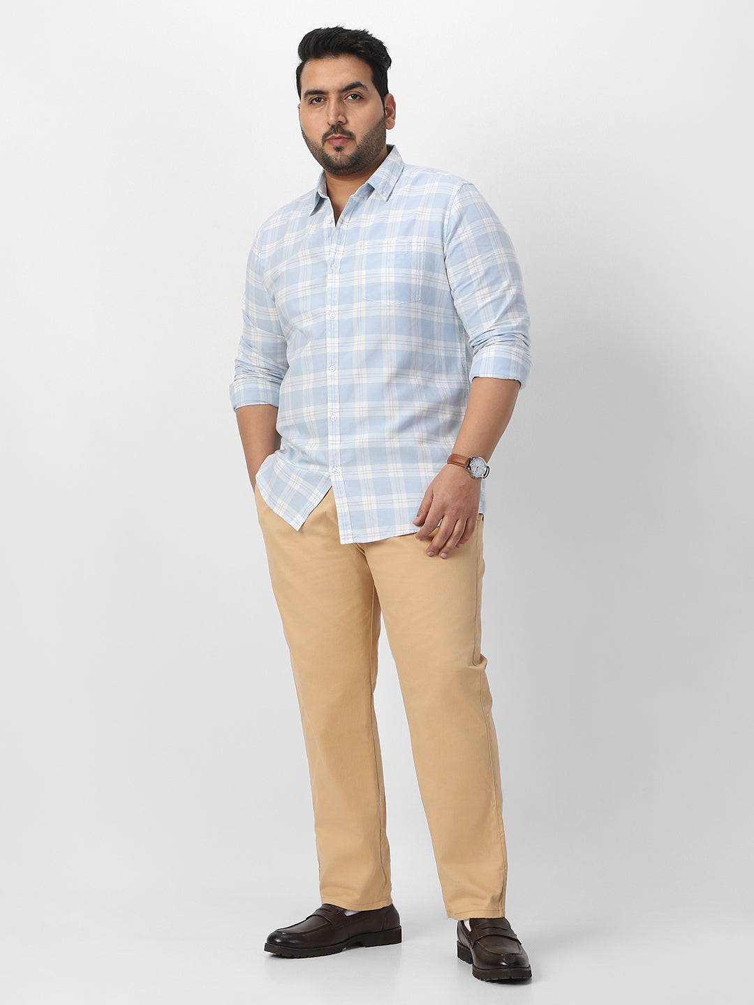 Plus Men's Beige Cotton Regular Fit Casual Chinos Trousers Stretch