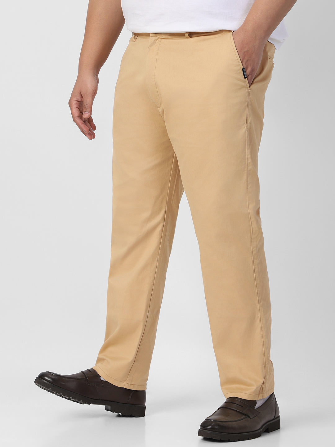 Plus Men's Beige Cotton Regular Fit Casual Chinos Trousers Stretch