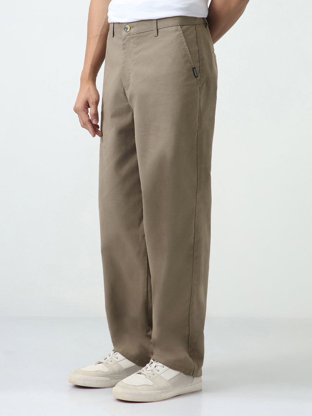 Men's Grey Loose Baggy Fit Solid Chino Trousers Non-Stretchable