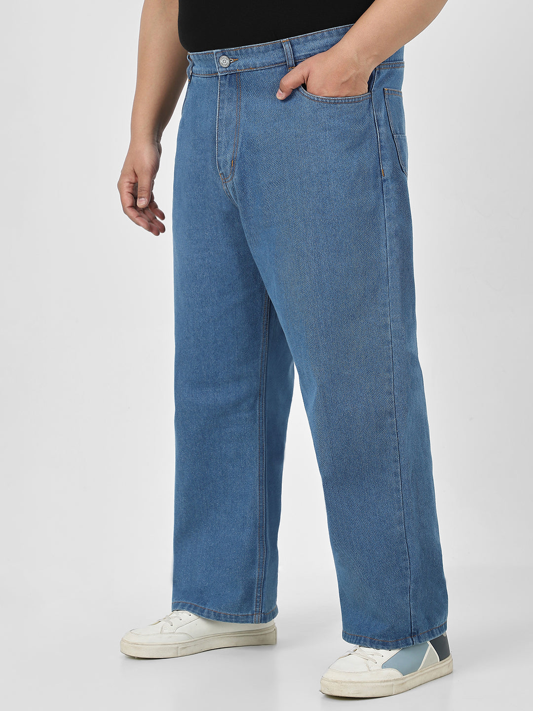 Plus Men's Light Blue Loose Fit Washed Jeans Non-Stretchable