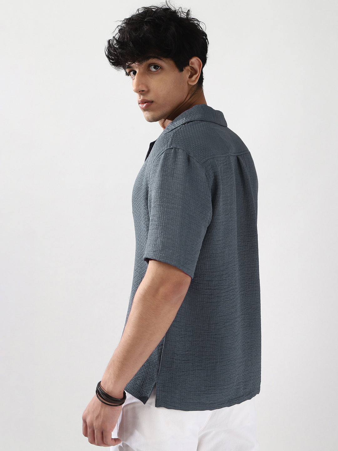 Men's Slate Blue Cotton Half Sleeve Oversized Fit Textured Shirt with Cuban Collar