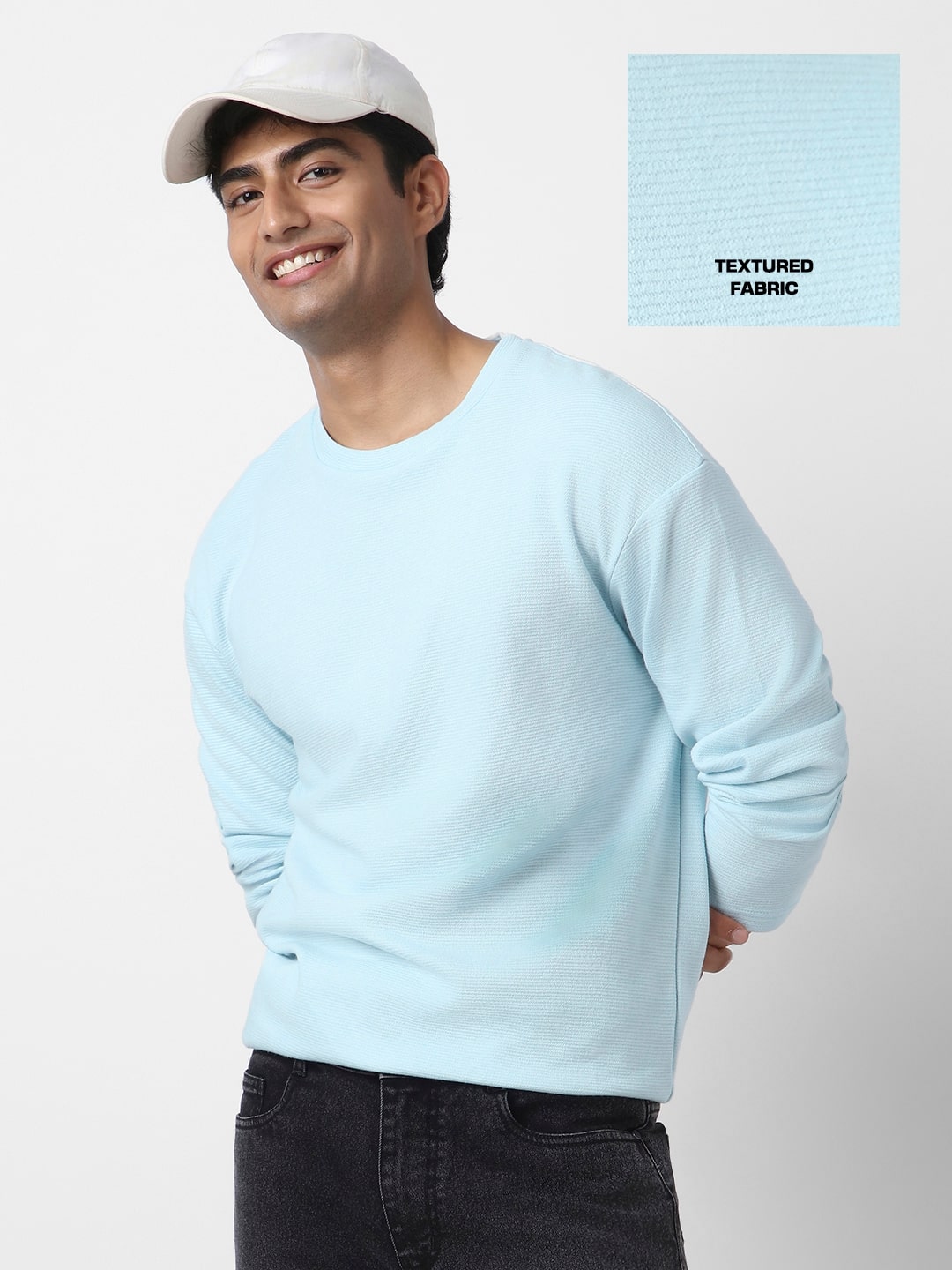 Men's Pastel Blue Textured Round Neck Oversized Full Sleeve Cotton T-Shirt