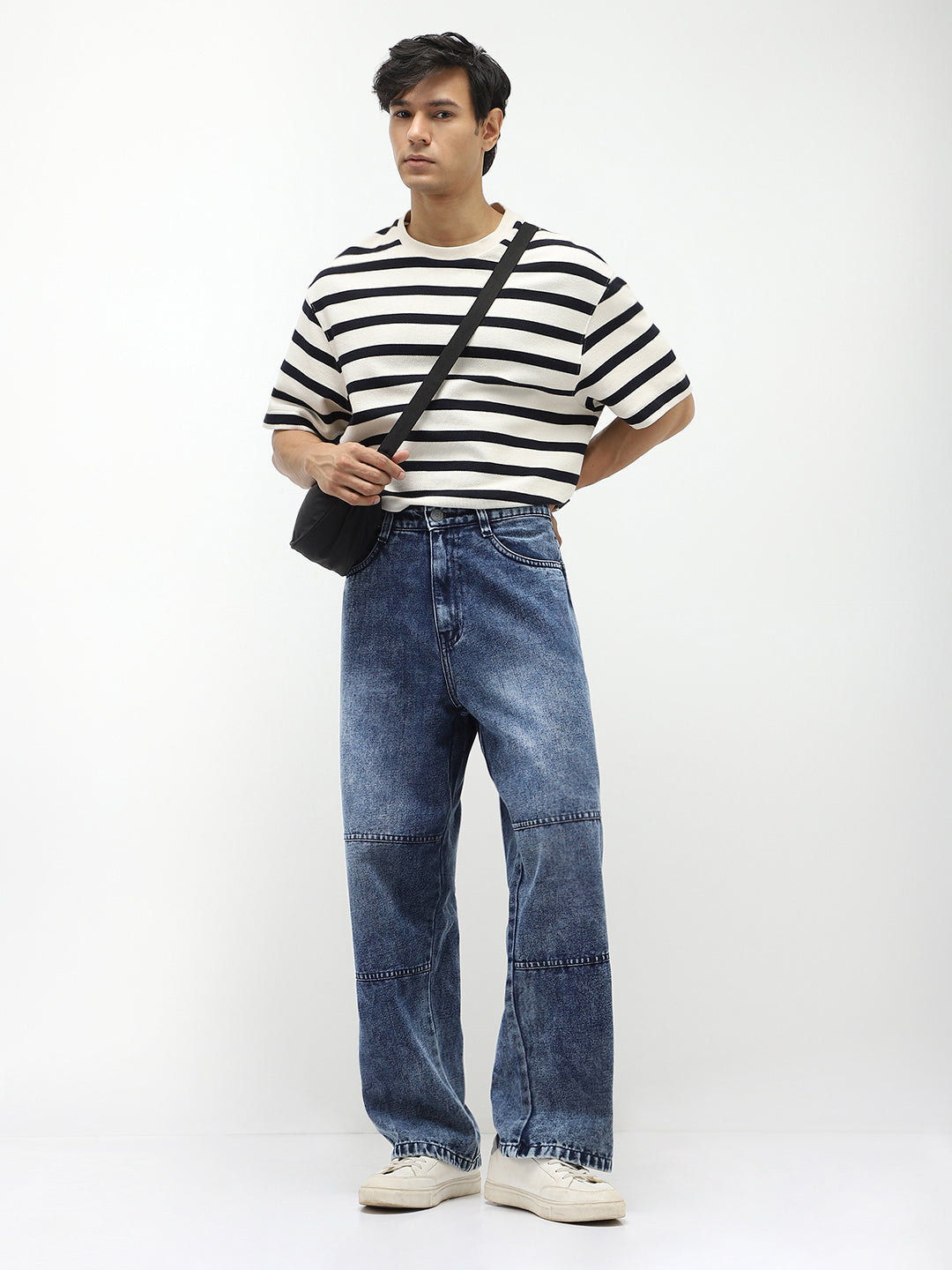 Men's Blue Loose Baggy Fit Cut and Sew Panelled Jeans Non-Stretchable