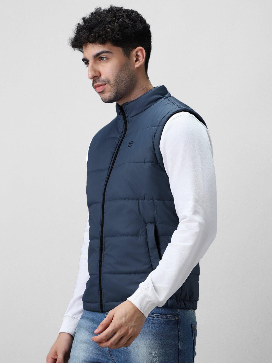 Men's Blue Sleeveless Zippered Puffer Jacket