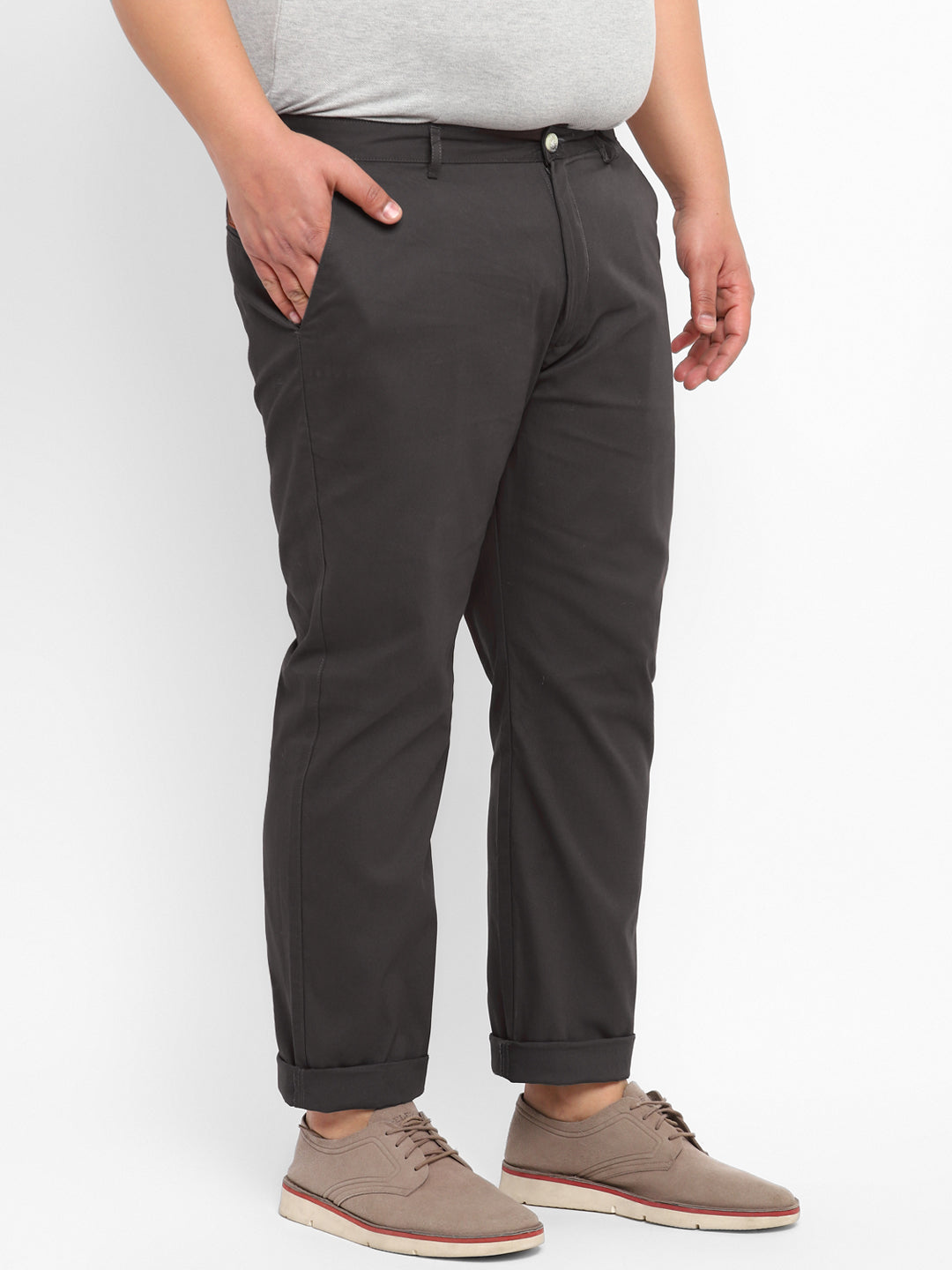 Plus Men's Grey Cotton Regular Fit Casual Chinos Trousers