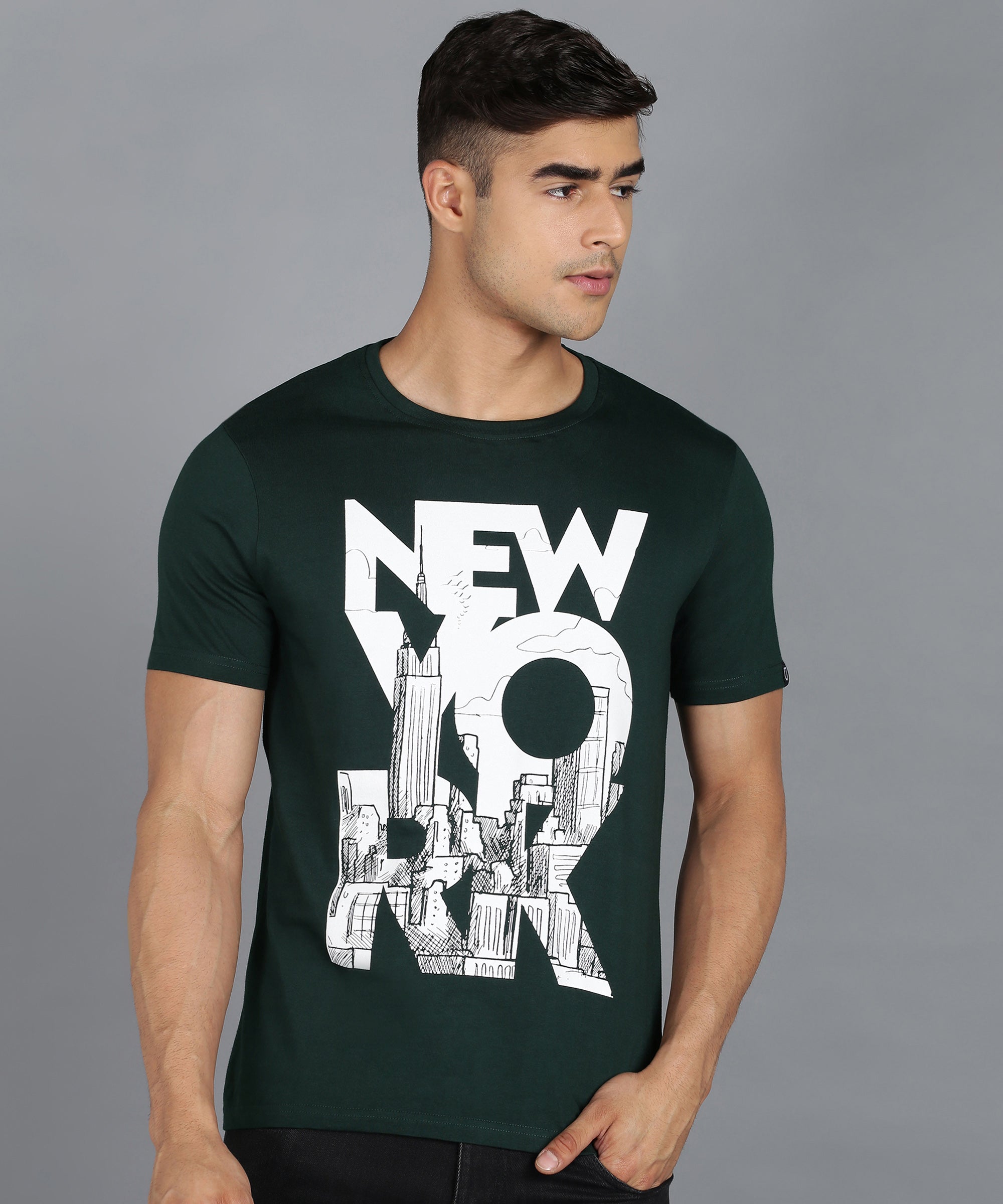 Urbano Fashion Men's Green Graphic Printed Round Neck Half Sleeve Slim Fit Cotton T-Shirt