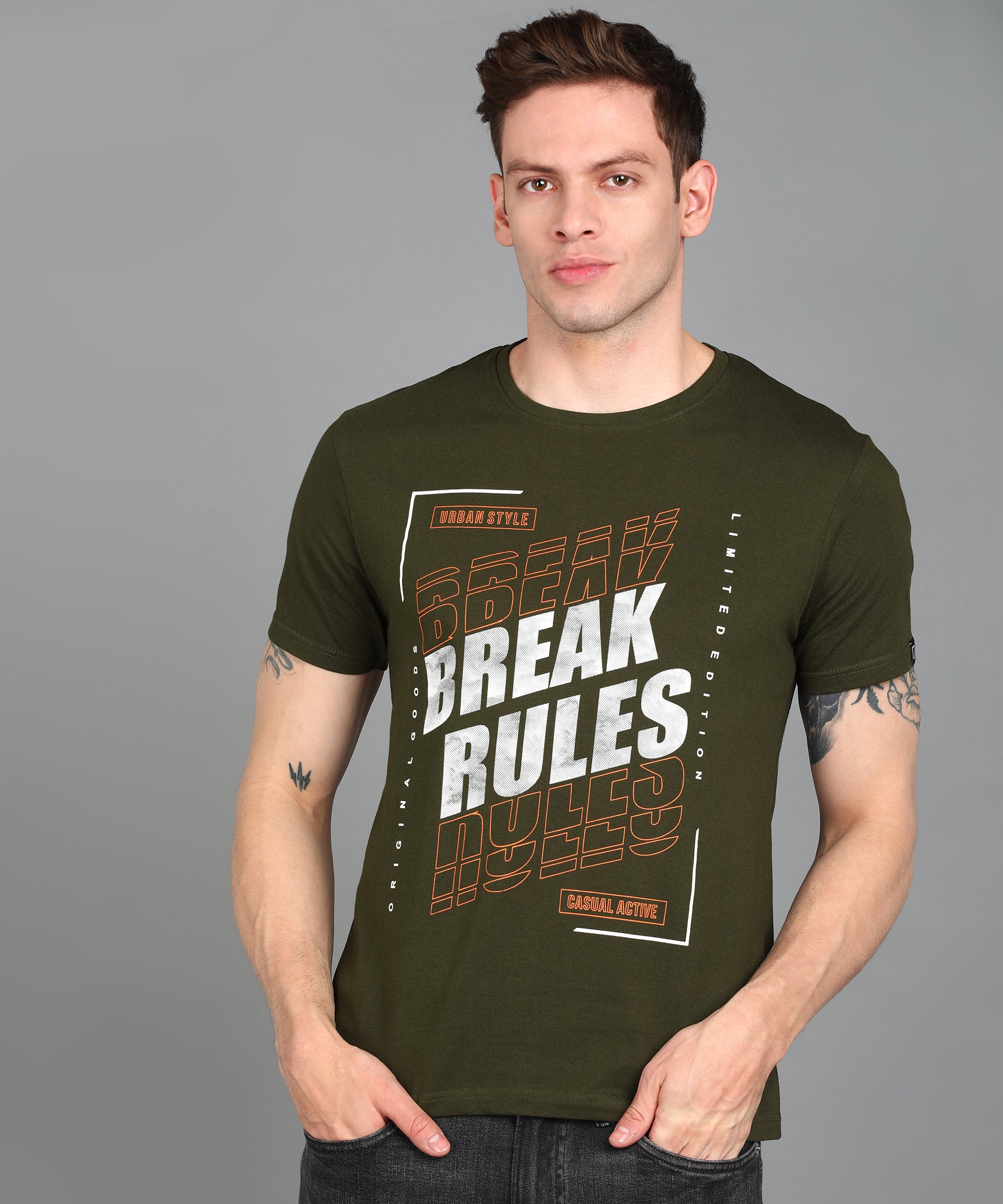 Urbano Fashion Men's Olive Graphic Printed Round Neck Half Sleeve Slim Fit Cotton T-Shirt