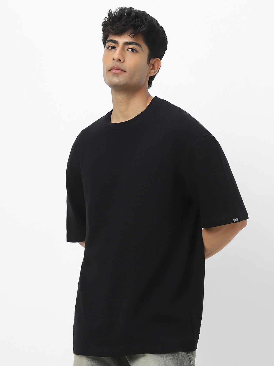 Men's Black Textured Round Neck Oversized Half Sleeve Cotton T-Shirt