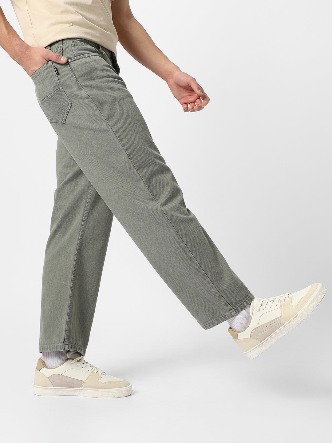 Men's Olive Green Loose Fit Washed Jeans Non-Stretchable