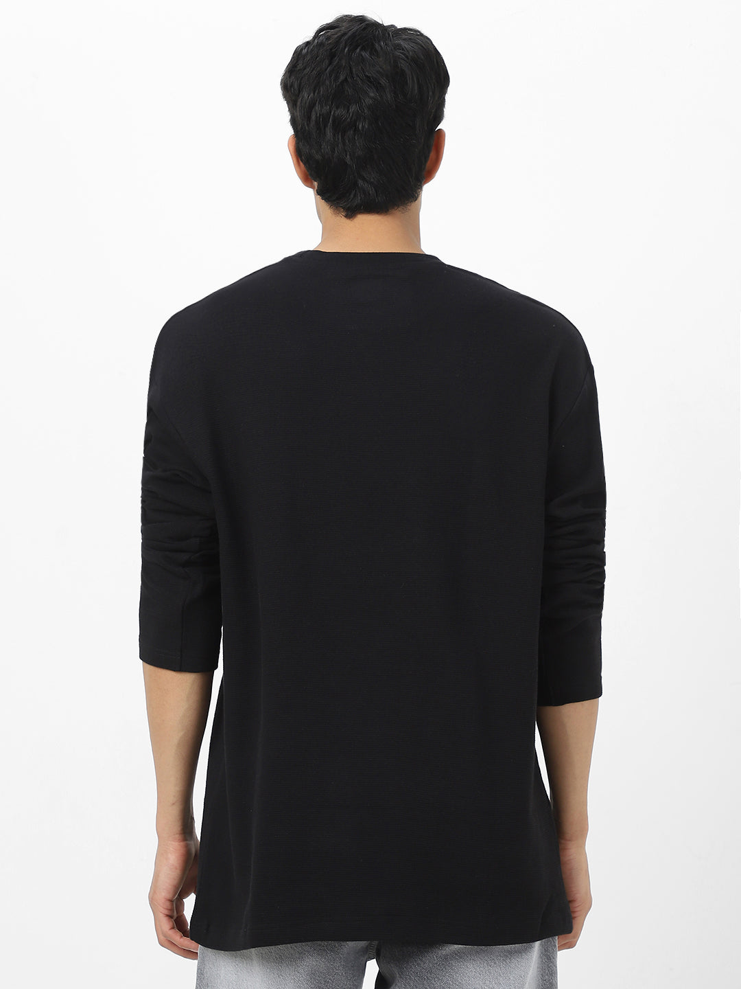Men's Black Textured Round Neck Oversized Full Sleeve Cotton T-Shirt