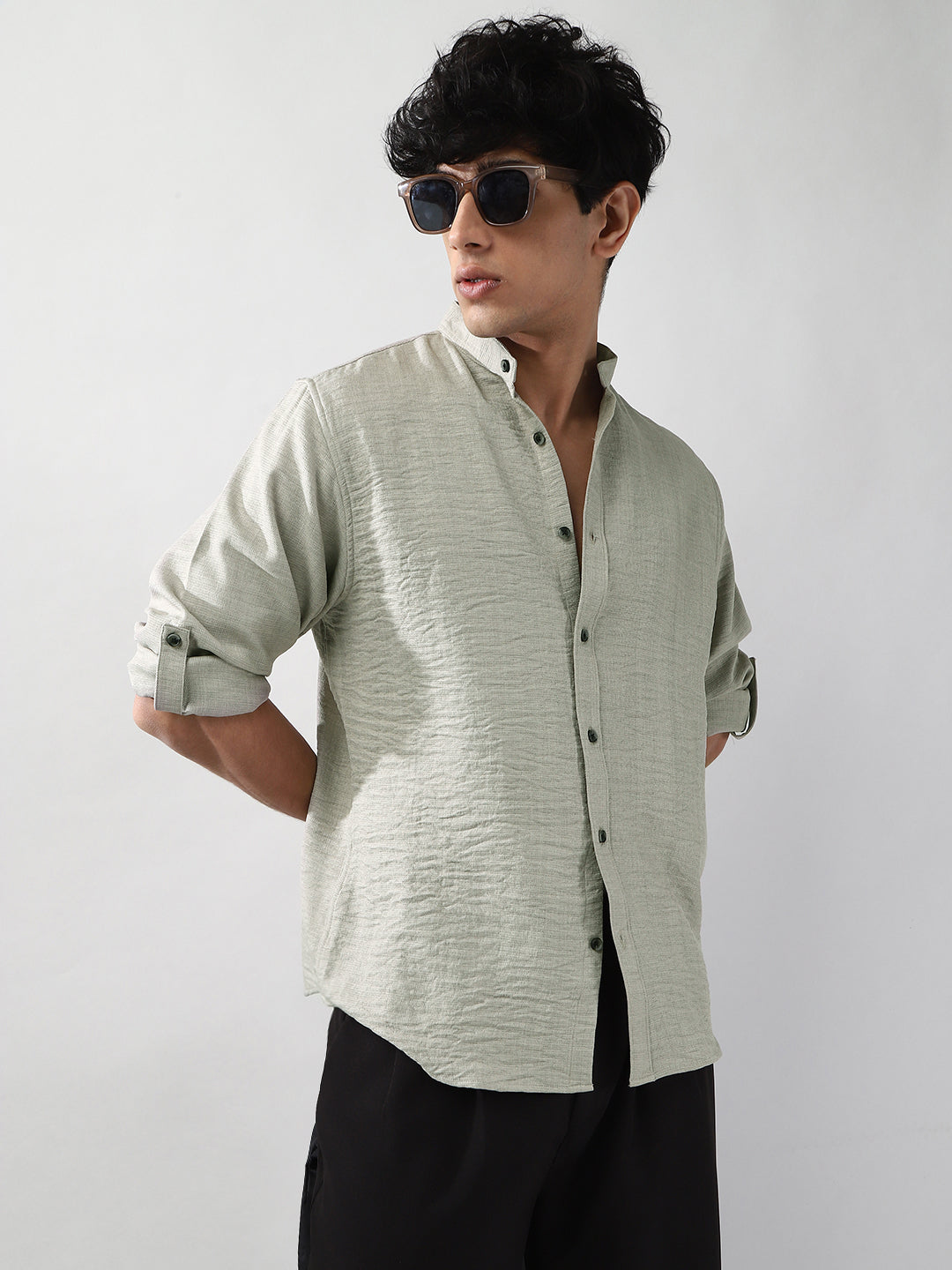 Men's Beige Linen Blend Full Sleeve Relaxed Fit Mandarin Collar Casual Solid Shirt