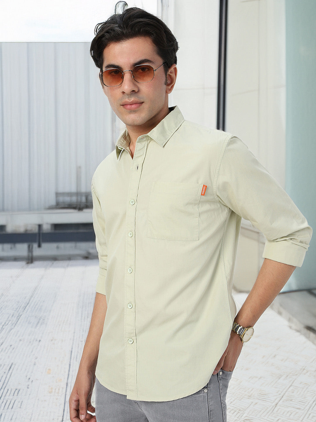 Men's Pastel Green Cotton Full Sleeve Regular Fit Casual Solid Shirt