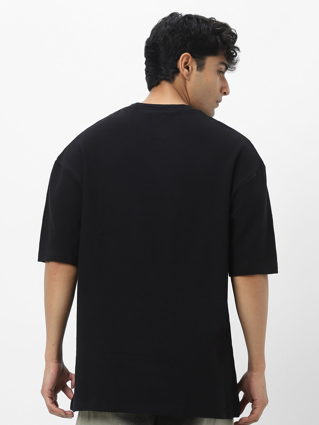 Men's Black Textured Round Neck Oversized Half Sleeve Cotton T-Shirt