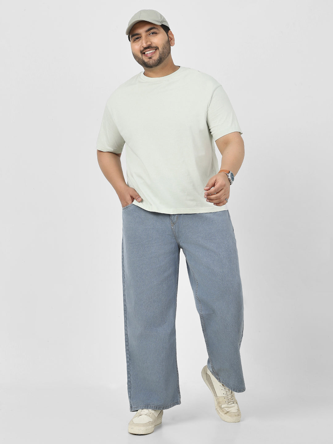 Plus Men's Light Grey Loose Fit Washed Jeans Non-Stretchable