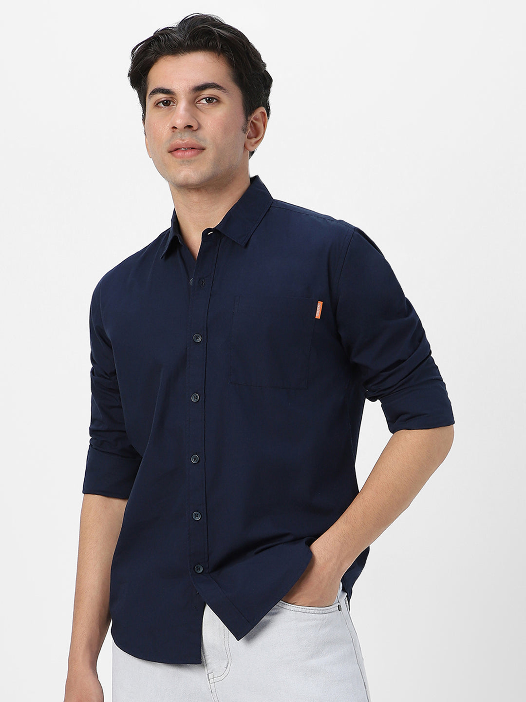 Men's Navy Cotton Full Sleeve Regular Fit Casual Solid Shirt