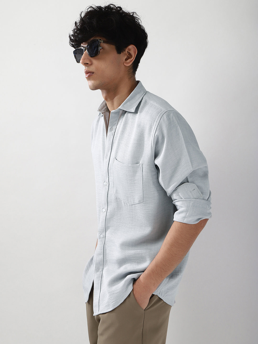 Men's Light Grey Linen Blend Full Sleeve Relaxed Fit Casual Solid Shirt