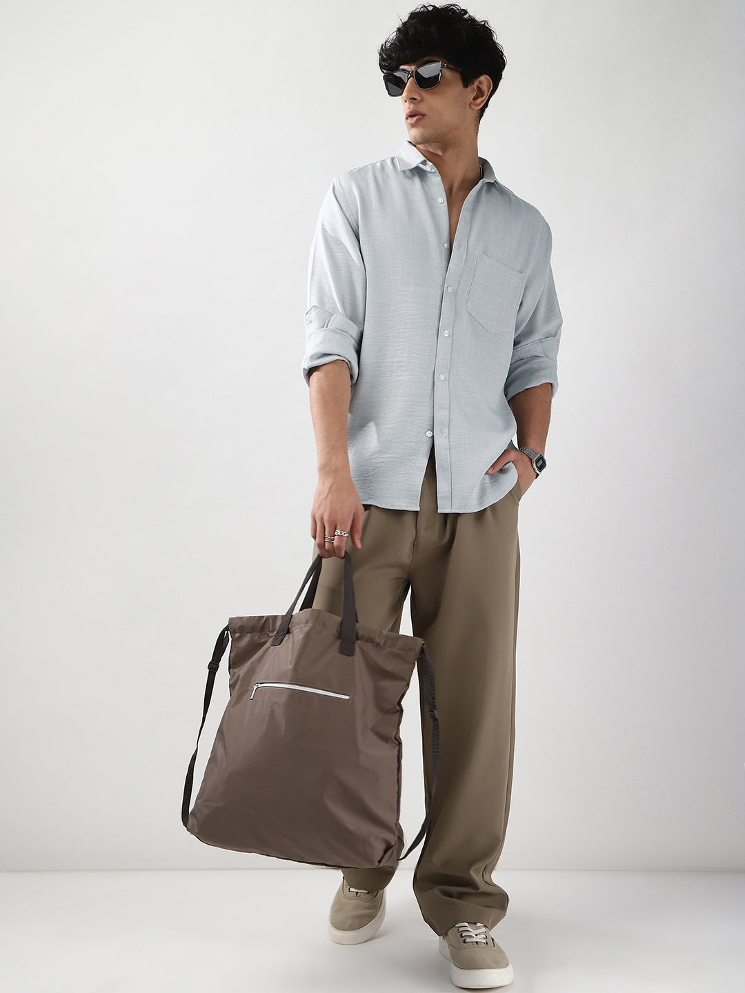 Men's Light Grey Linen Blend Full Sleeve Relaxed Fit Casual Solid Shirt