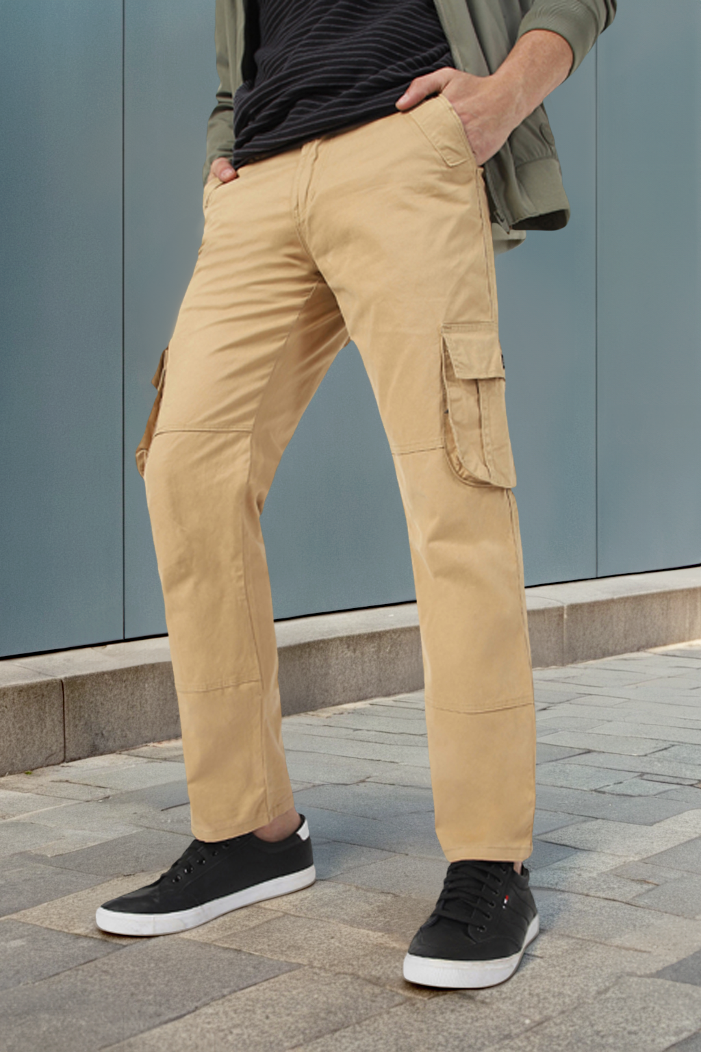 Men's Beige Regular Fit Solid Cargo Chino Pant with 6 Pockets