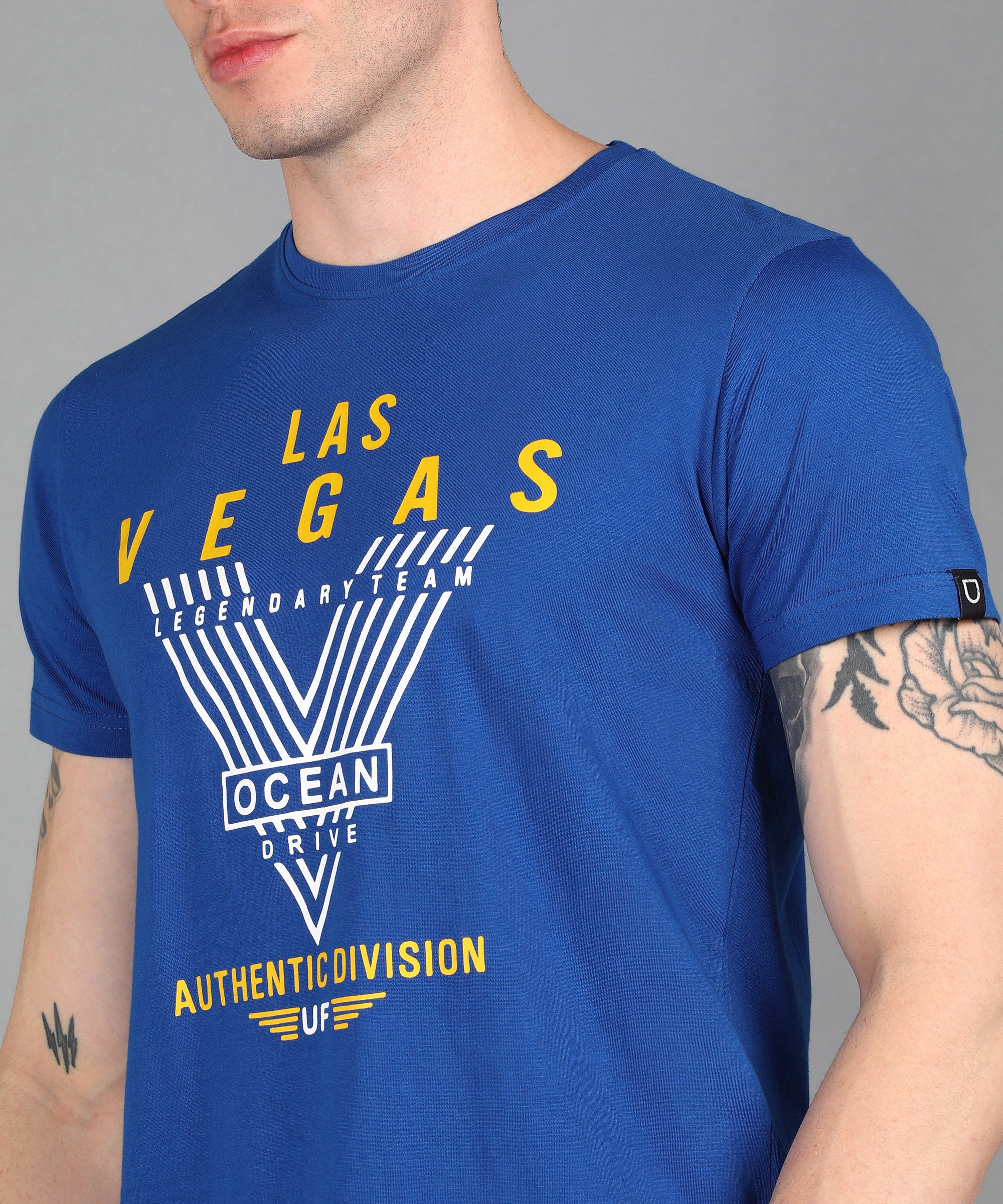 Urbano Fashion Men's Royal Blue Graphic Printed Round Neck Half Sleeve Slim Fit Cotton T-Shirt
