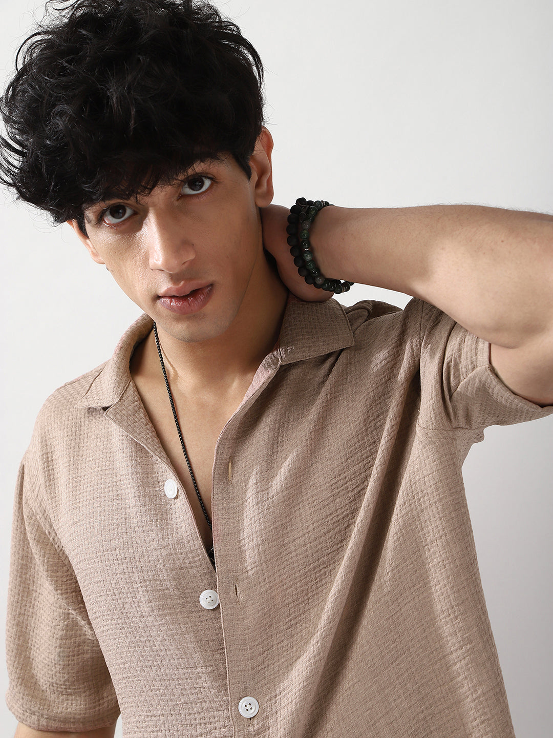 Men's Mocha Mousse Cotton Half Sleeve Oversized Fit Textured Shirt with Cuban Collar