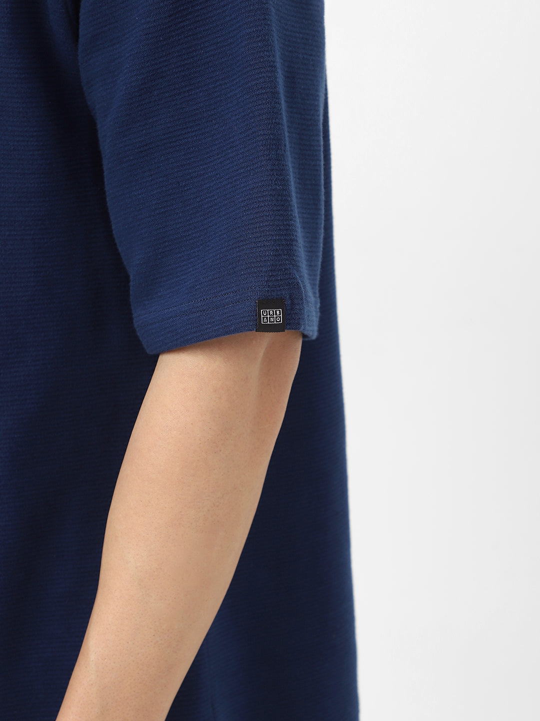 Men's Navy Textured Round Neck Oversized Half Sleeve Cotton T-Shirt