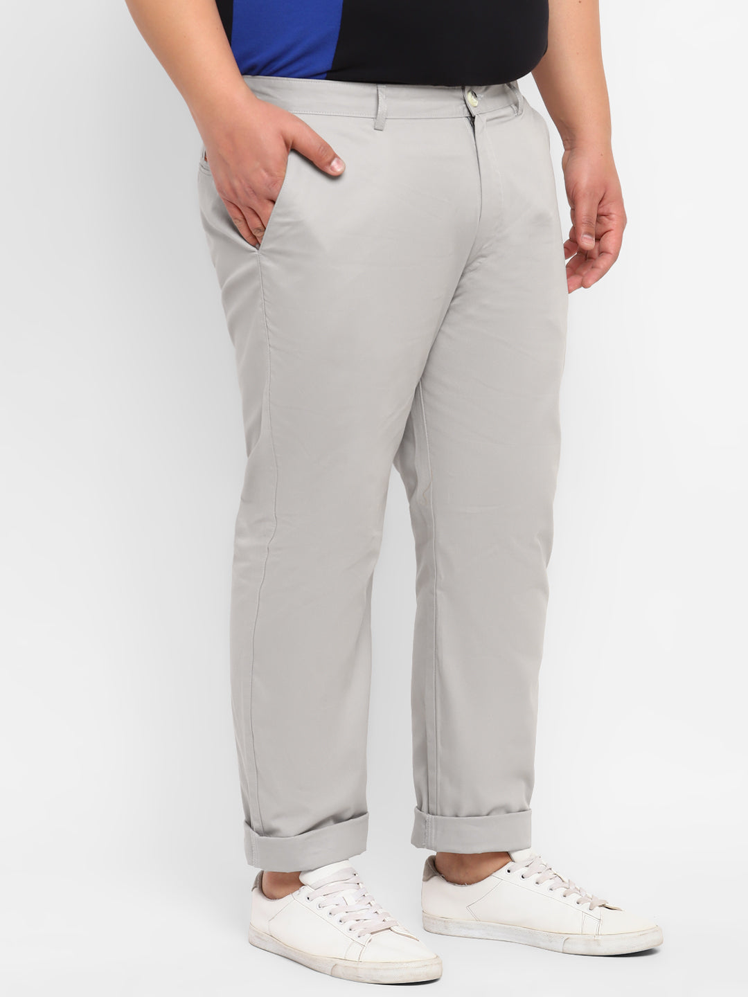 Plus Men's Grey Cotton Regular Fit Casual Chinos Trousers