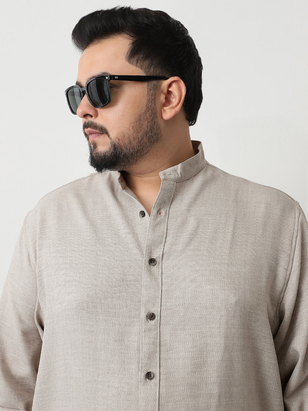 Plus Men's Beige Linen Blend Full Sleeve Relaxed Fit Mandarin Collar Casual Solid Shirt