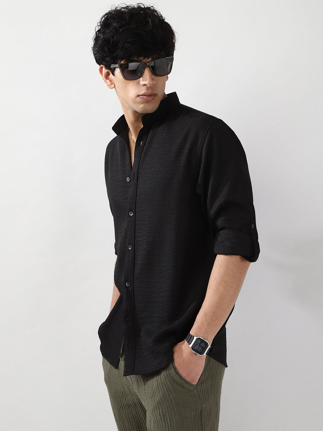 Men's Black Linen Blend Full Sleeve Relaxed Fit Mandarin Collar Casual Solid Shirt
