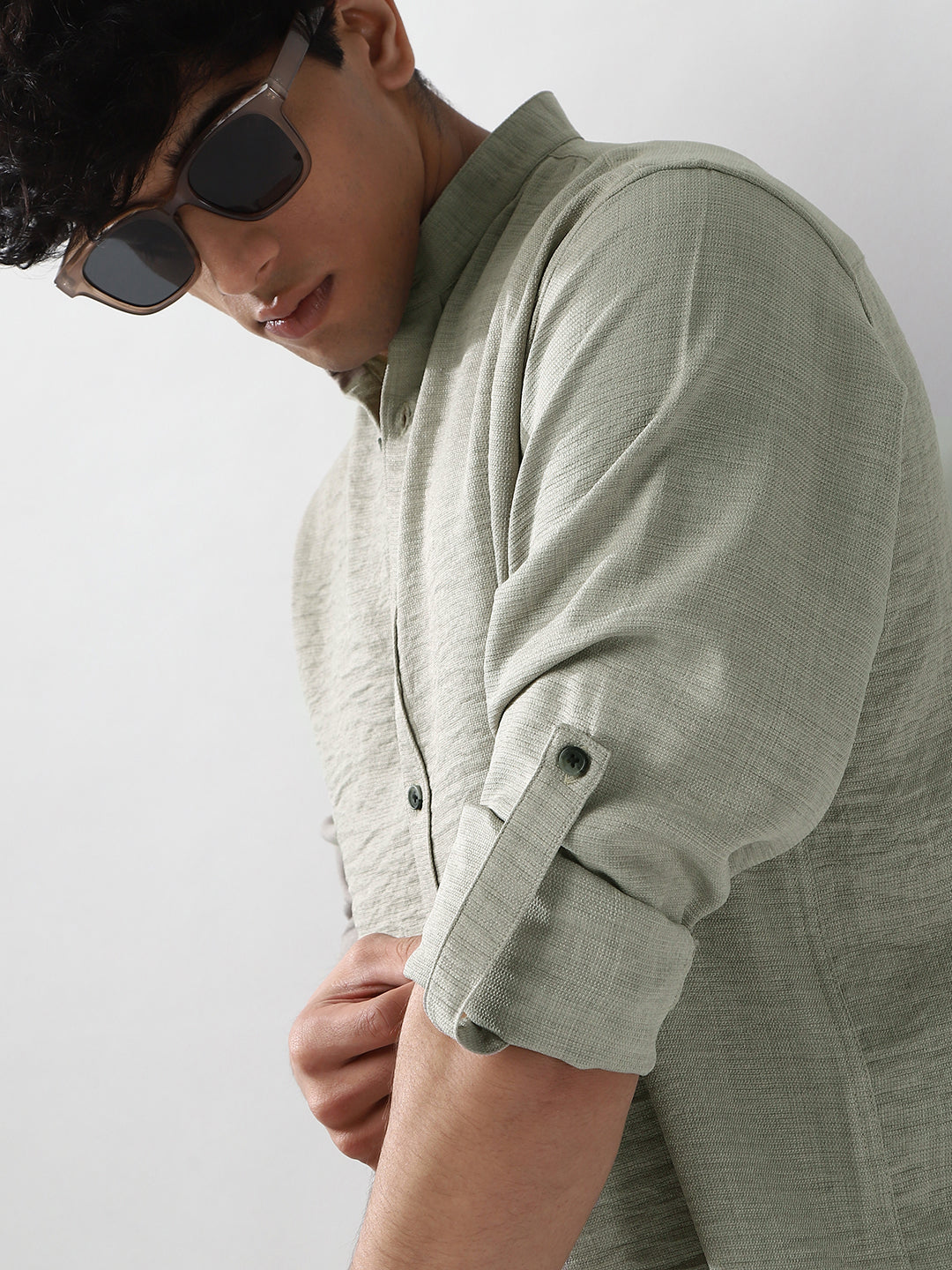 Men's Beige Linen Blend Full Sleeve Relaxed Fit Mandarin Collar Casual Solid Shirt