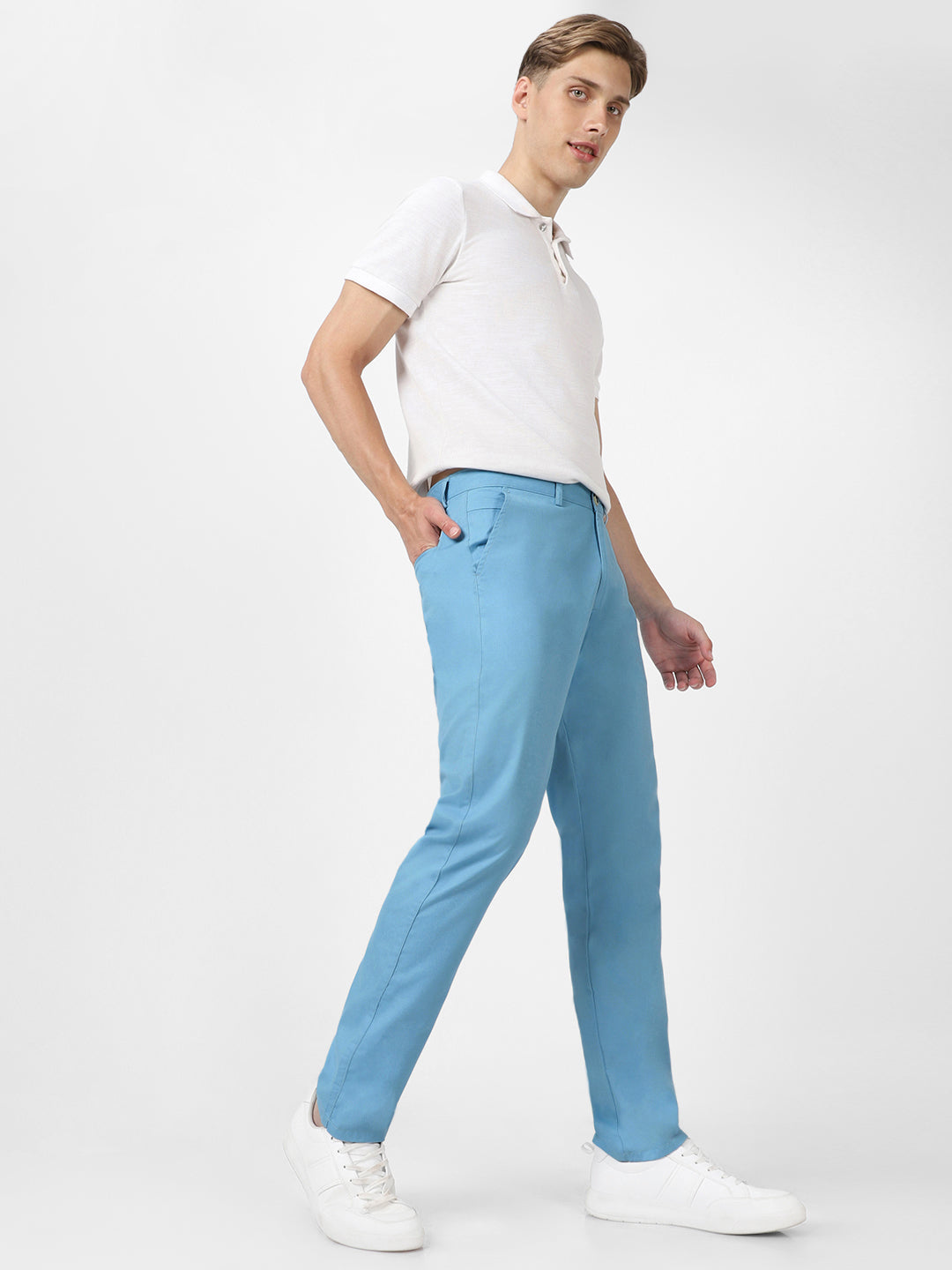 Men's Blue Cotton Slim Fit Casual Chinos Trousers