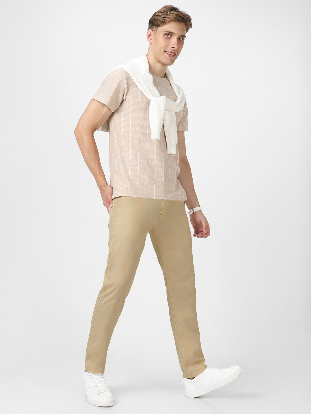 Men's Cream Cotton Slim Fit Casual Chinos Trousers