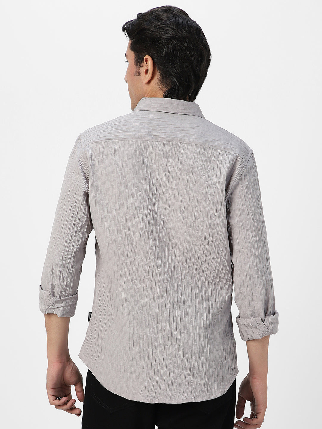 Men's Ice Grey Cotton Full Sleeve Regular Fit Textured Shirt with Spread Collar