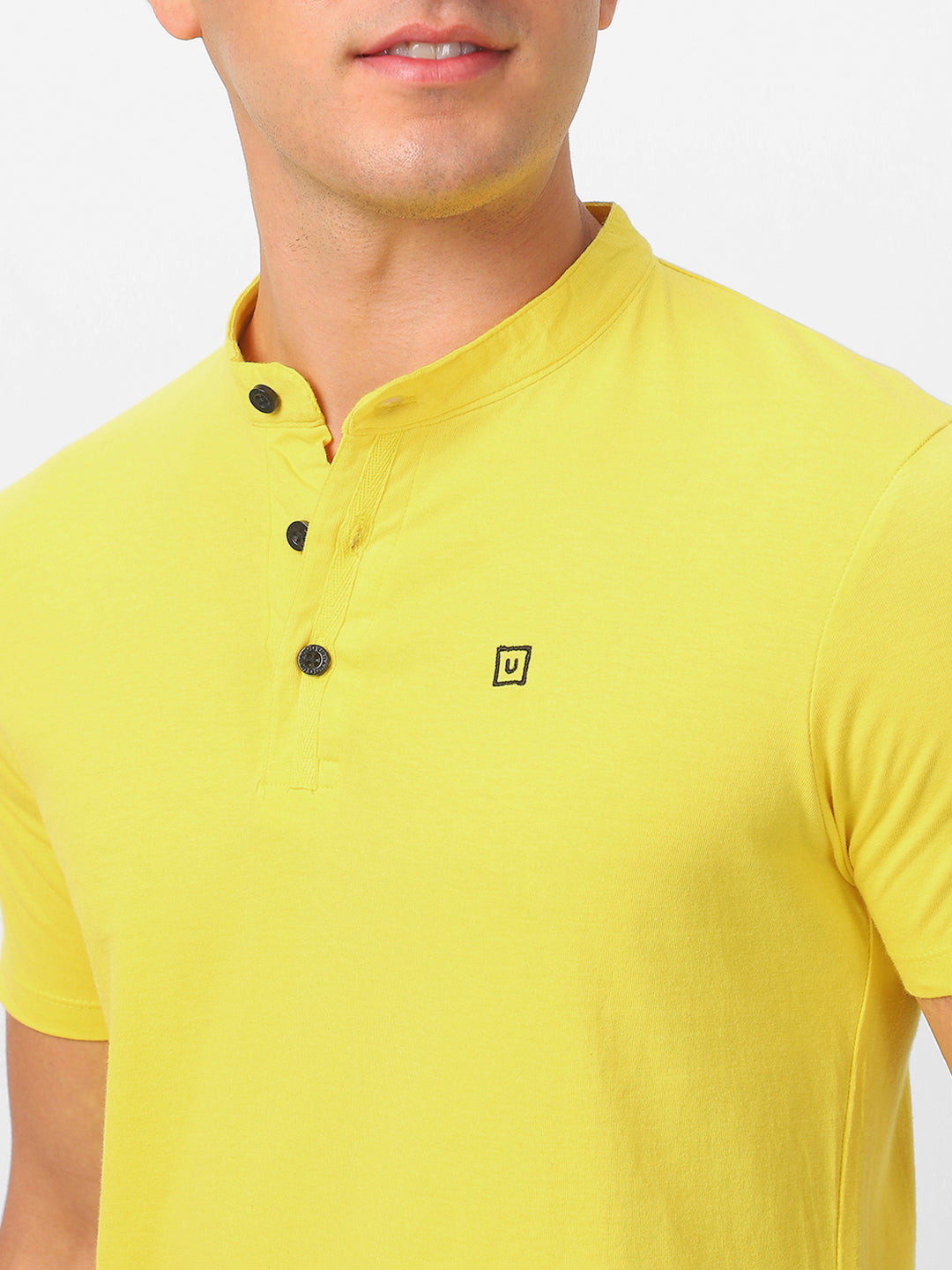 Men's Mustard Solid Mandarin Collar Slim Fit Cotton T-Shirt