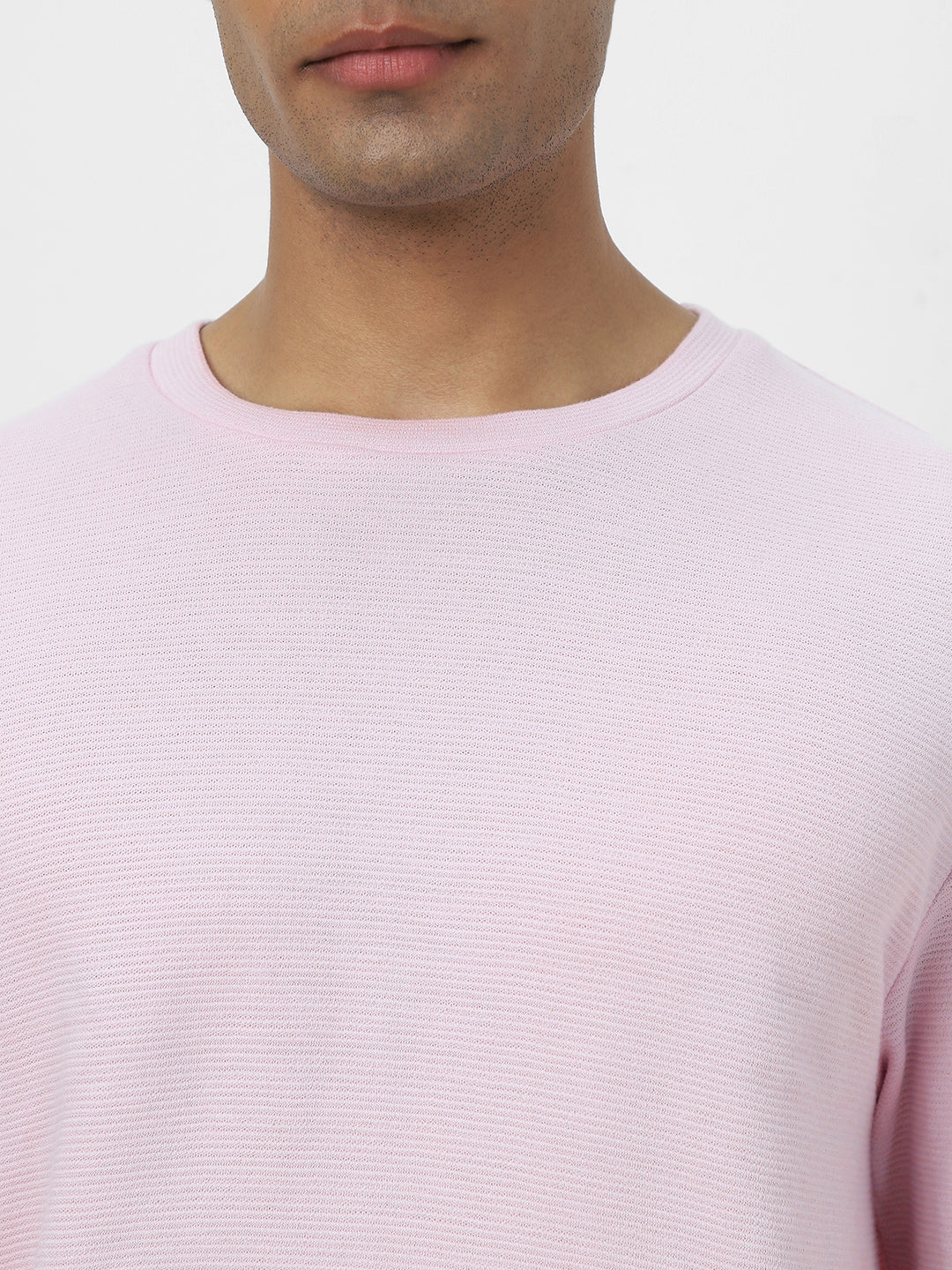 Men's Lavender Textured Round Neck Oversized Half Sleeve Cotton T-Shirt