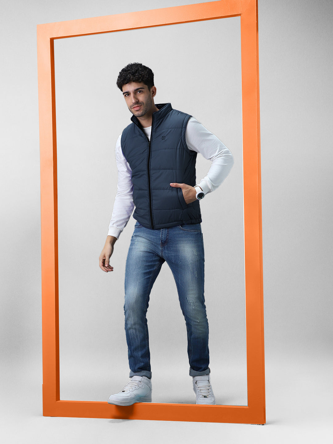 Men's Blue Sleeveless Zippered Puffer Jacket