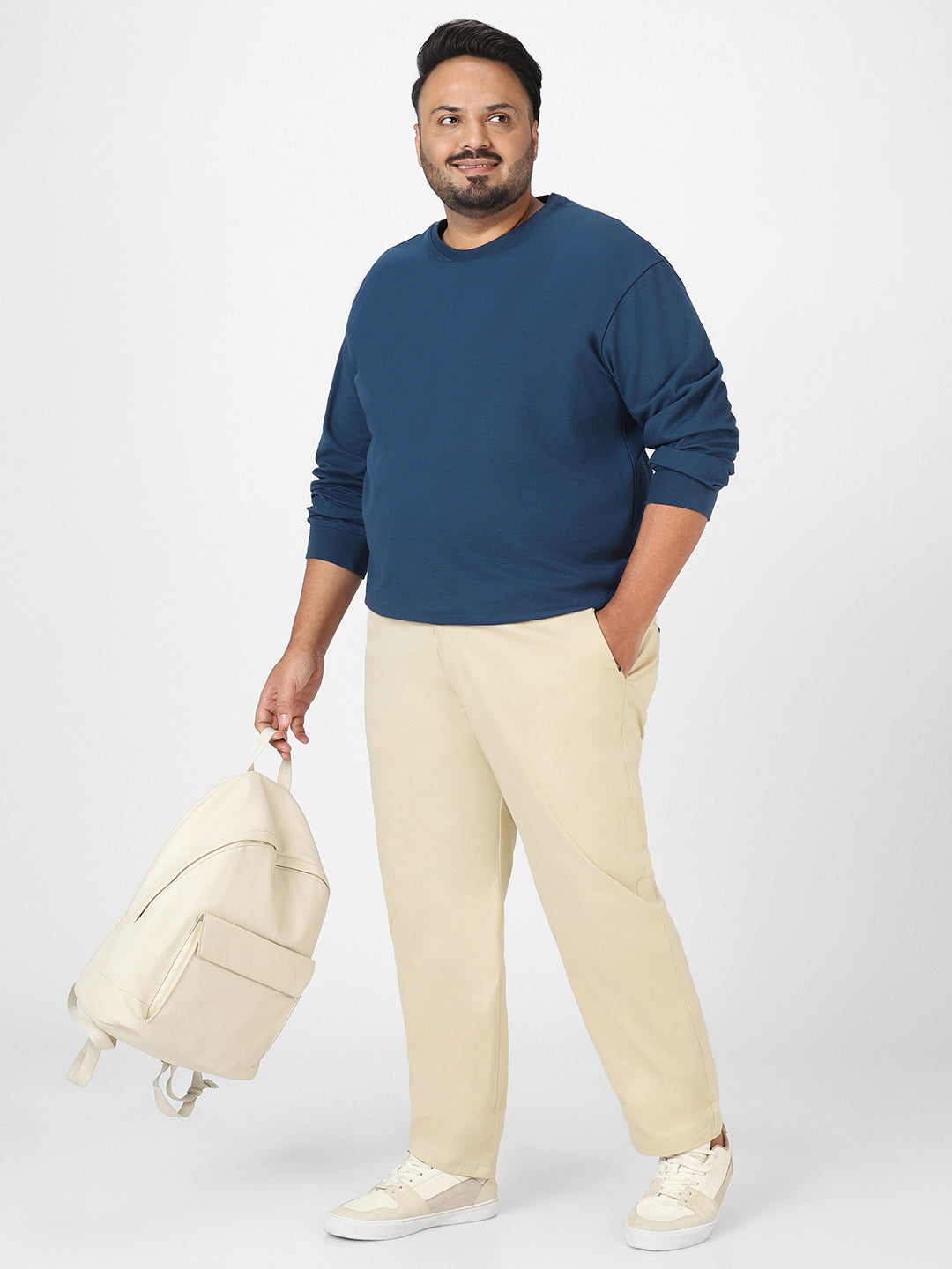 Plus Men's Cream Cotton Regular Fit Casual Chinos Trousers Stretch