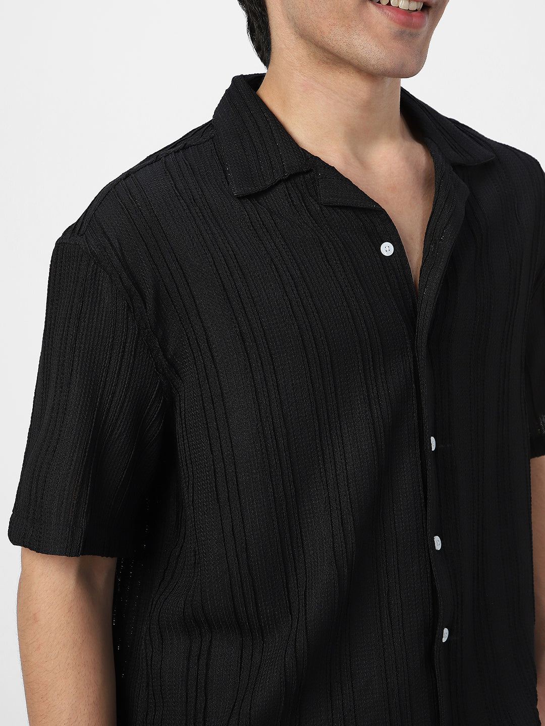Men's Black Cotton Half Sleeve Oversized Fit Textured Shirt with Cuban Collar