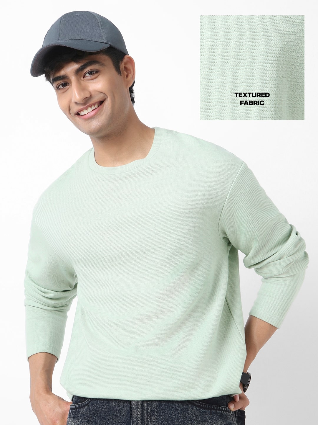 Men's Pastel Green Textured Round Neck Oversized Full Sleeve Cotton T-Shirt