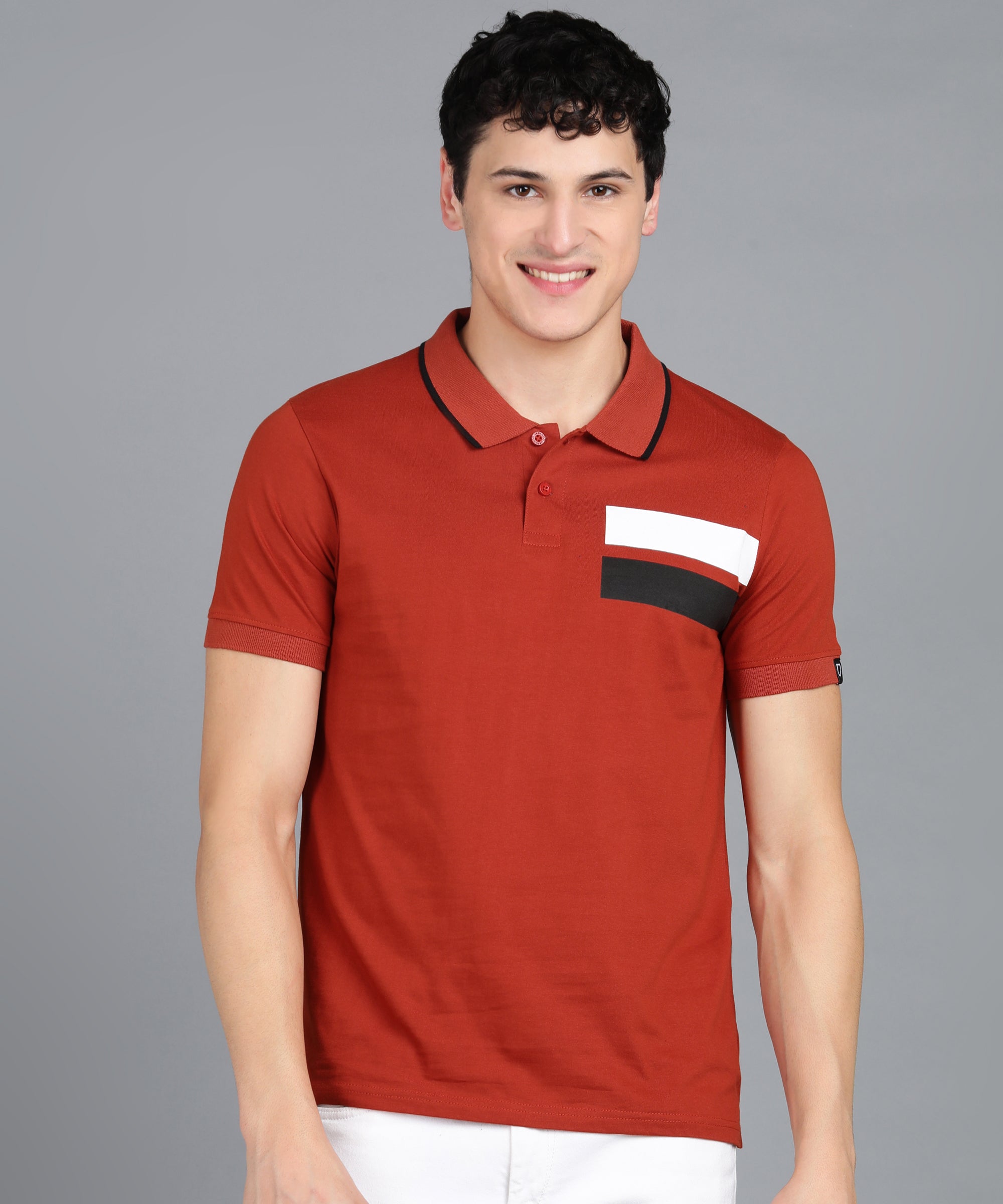 Men's Rust Colour-Block Slim Fit Half Sleeve Cotton Polo T-Shirt
