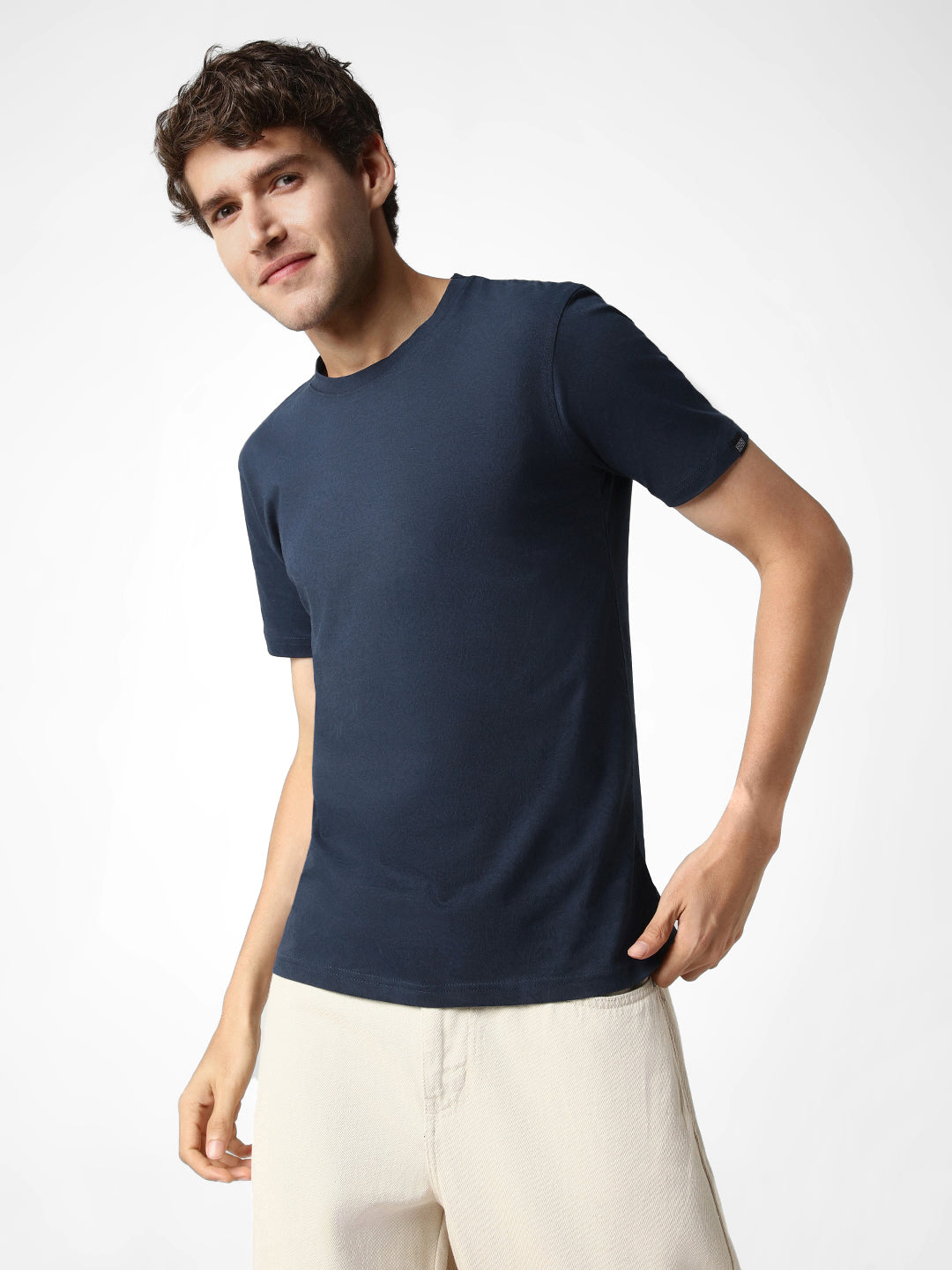 Men's Estate Blue Printed Half Sleeve Slim Fit Cotton T-Shirt