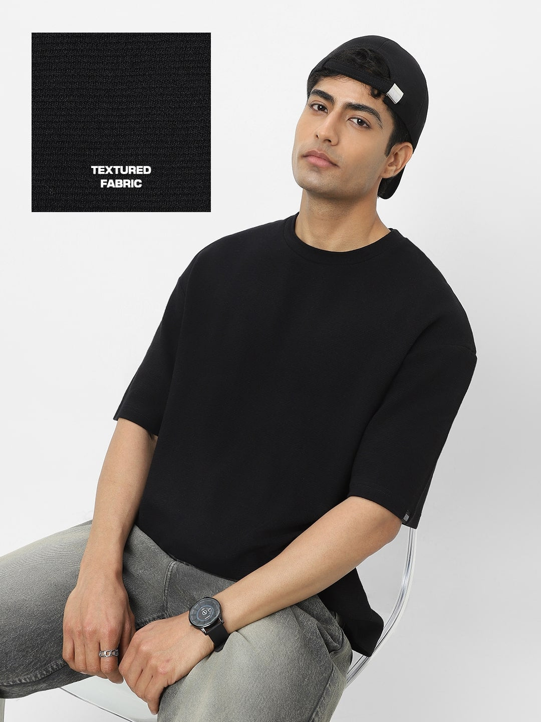 Men's Black Textured Round Neck Oversized Half Sleeve Cotton T-Shirt